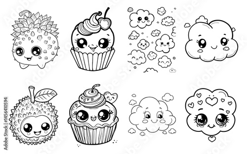 Sweet Kawaii Characters Fruits Cupcakes and Clouds Unite