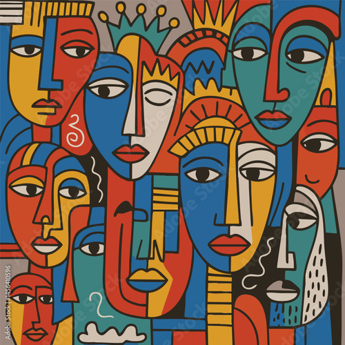 Abstract illustration featuring a multitude of colorful faces in a bold, modern cubist style. Vibrant primary colors and strong lines create a dynamic composition representing diversity and community