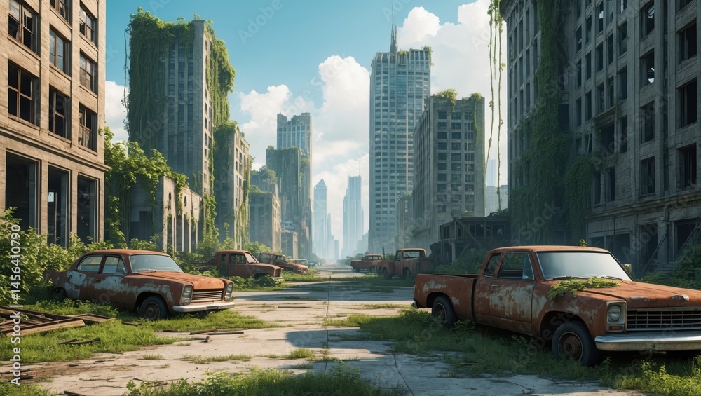 Fototapeta premium Overgrown City with Old Rusty Cars