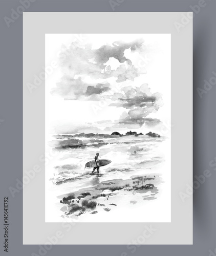 Seascape with beach for tourists and surfer emerging from water after swimming on poster. Watercolor artwork. Wall art with seascape and adrenaline-loving athlete, in frame with decor for print