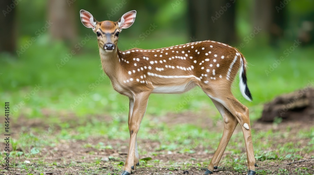A young spotted deer stands gracefully in a lush forest setting. A young spotted deer stands gracefully in a lush forest setting.