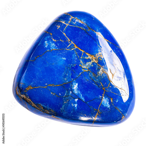 A close-up image of a polished, triangular lapis lazuli stone