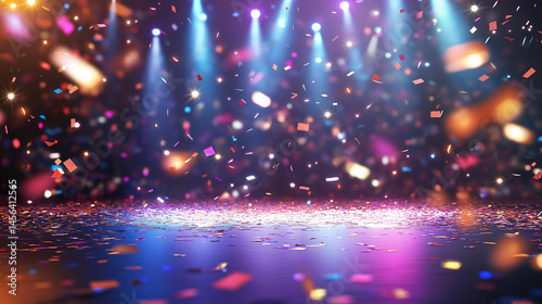 Colorful confetti falling under bright stage lights  