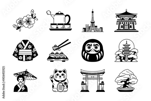 black and white illustration collection of japan culture