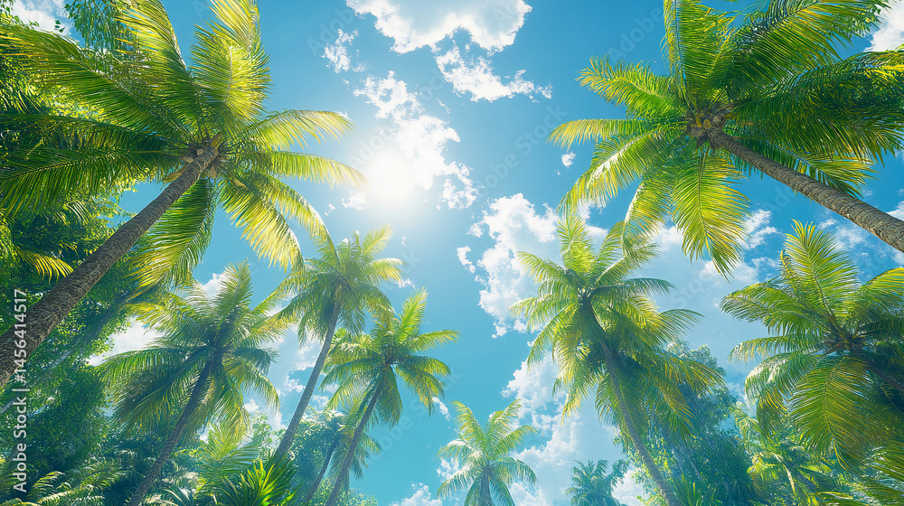 Retrotinted skyward view of towering palm trees vibrant turquoise sky peeking through fronds sun flare adding, fluffy white clouds, golden sunlight, warm tones, summer vibes Retrotinted skyward view of towering palm trees vibrant turquoise sky peeking through fronds sun flare adding, fluffy white clouds, golden sunlight, warm tones, summer vibes