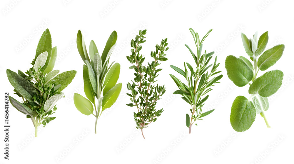 Fototapeta premium Herb Collection of Rosemary, Marjoram, Sage, and Thyme Isolated on White Background