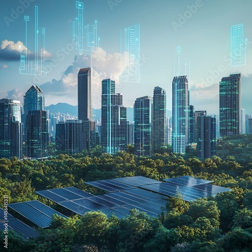 A futuristic city skyline with smart buildings, solar panels, and digital real estate 