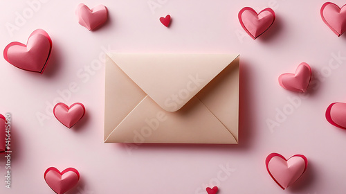 Romantic flat lay composition with handcrafted paper hearts and vintage love letter envelope soft pink background perfect for valentines or anniversary theme , imbued with refined subtlety