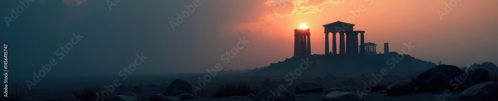 Fototapeta premium Dark silhouette of ancient ruins in dense fog, cold, gothic, unease