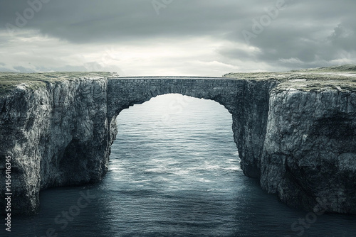 Stone arch bridge connecting cliffs over ocean dramatic sky
