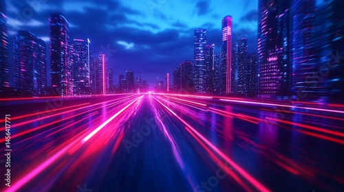 Neon night cityscape with light trails, representing urban speed and futuristic urbanism