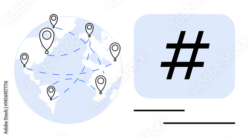 Globe with location pins connected by dashed lines beside a metadata tag symbol. Ideal for communication, digitalization, globalization, networking, social platforms, worldwide trends, simple landing