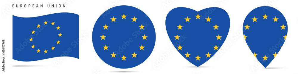 European Union waving flag, circle badge, heart shaped, map pin. Flat vector illustration isolated European Union waving flag, circle badge, heart shaped, map pin. Flat vector illustration isolated