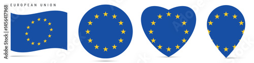 Wallpaper Mural European Union waving flag, circle badge, heart shaped, map pin. Flat vector illustration isolated Torontodigital.ca