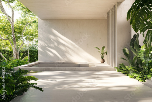 Modern minimalist patio design featuring a tranquil pool lush greenery and sunlight streaming through trees
