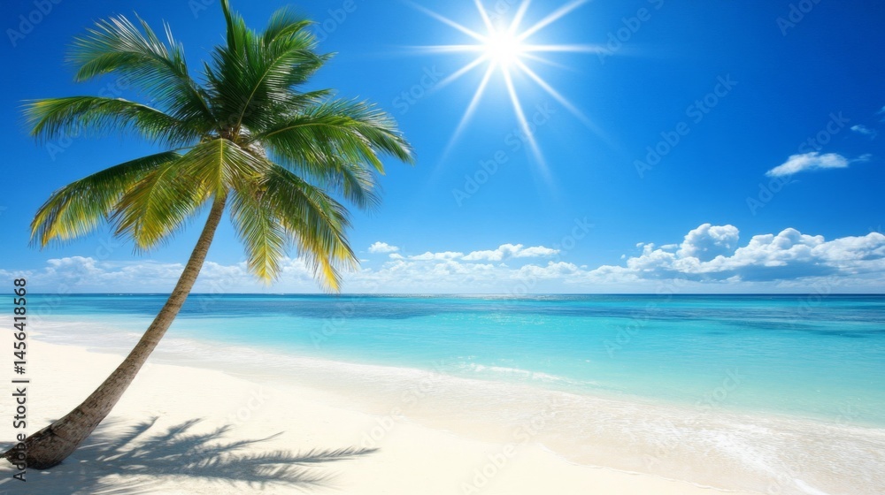 Obraz premium Tropical Beach Scene with Palm Tree and Bright Sunny Sky