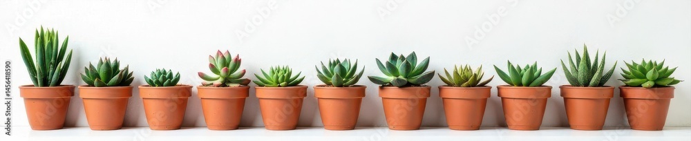 Obraz premium Diverse succulents in clay pots, white wall background, background, clay pots, plants