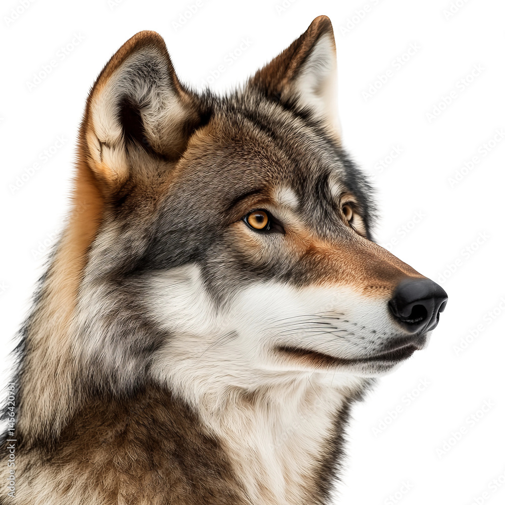 Fototapeta premium A majestic wolf portrait. The wolf's attentive gaze and detailed fur create a sense of alertness and natural beauty