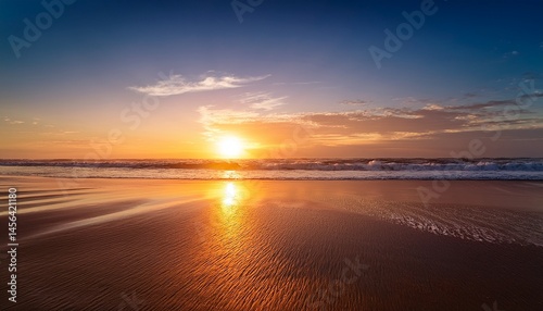 sunset on sea at beach sand sunbeam flares and reflection on sea water generated ai