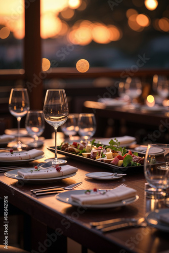 Wine glass in restaurant at night 