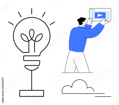 Large light bulb representing ideas and innovation, person holding video screen, minimal design. Ideal for creativity, technology, education, marketing, collaboration, innovation simple landing page