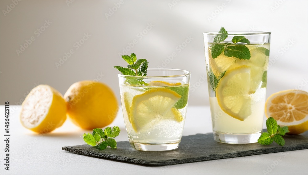 Fototapeta premium glasses of tasty lemonade with mint on white table