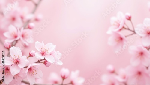 Delicate pink cherry blossoms bloom on branches against a soft, blurred pastel background.