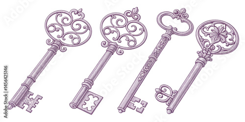 Vintage antique purple skeleton key decorative ornamental accessory with intricate elegance and baroque style Mystical spiritual and fantasy elements in a digital or 3D render