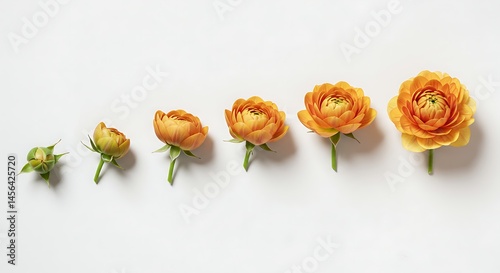 Ranunculus blossom in development stages lined up on a white isolated surface photo