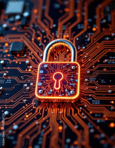 digital illustration of a glowing padlock on a circuit board, symbolizing cybersecurity and data protection.