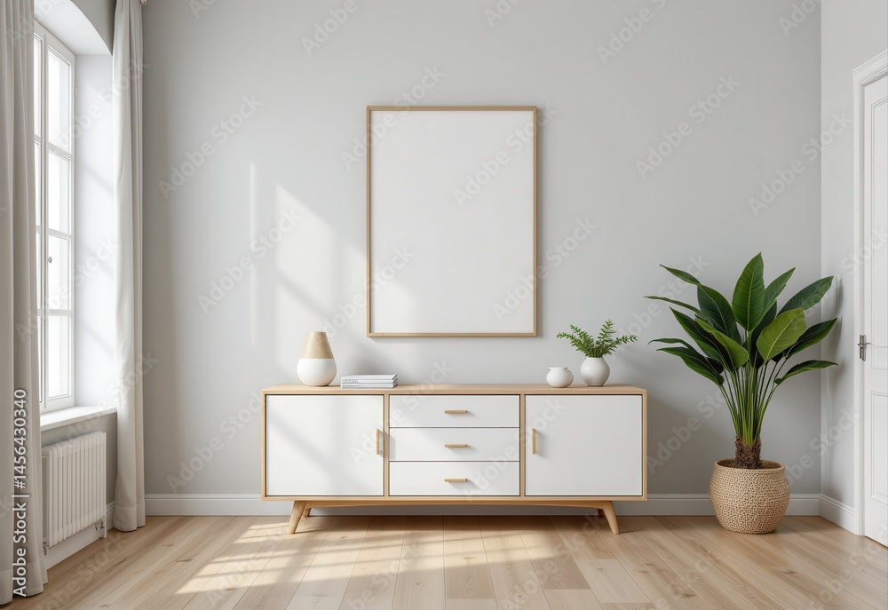grey gallery room interior with drawer and decoration, mockup frame grey gallery room interior with drawer and decoration, mockup frame