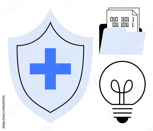 Shield with blue medical cross, folder storing binary code documents, and light bulb denoting creativity. Ideal for healthcare, cybersecurity, innovation, data protection, technology, digital safety