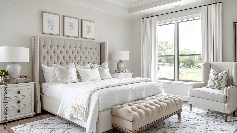 Fototapeta premium Modern bedroom interior with light neutral tones.