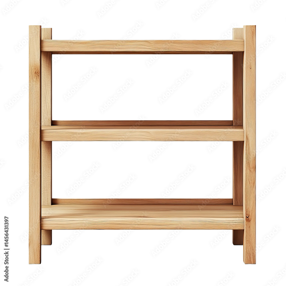 A wooden shelf with three tiers, perfect for storage or display A wooden shelf with three tiers, perfect for storage or display