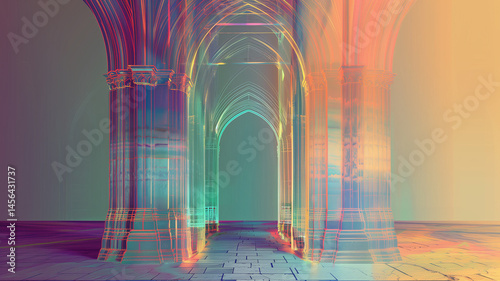 This glowing, modern cathedral features transparent arches and a vibrant atmosphere filled with aura.