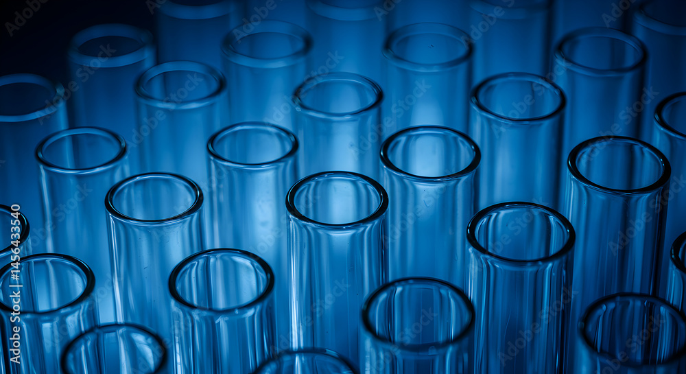 Aligned Clear Empty Test Tubes Under Cool Blue Studio Lighting Medical Research Aligned Clear Empty Test Tubes Under Cool Blue Studio Lighting Medical Research