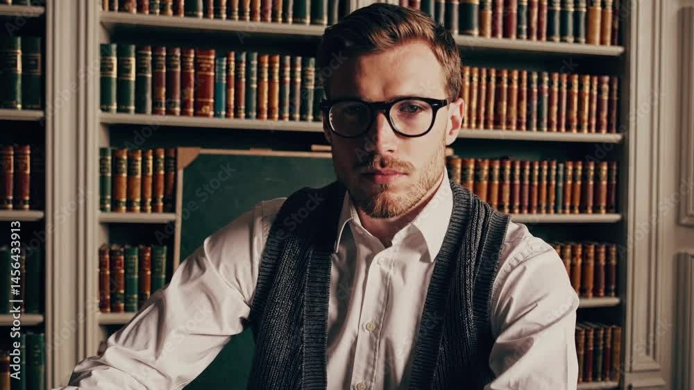 Close-up of a handsome young man with glasses, sitting in a vintage-style library or classroom. He wears a collared shirt and knitted vest, surrounded by bookshelves and a chalkboard in the background