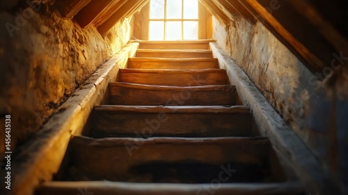 A weathered wooden staircase ascending towards a sunlit window, creating a warm perspective.