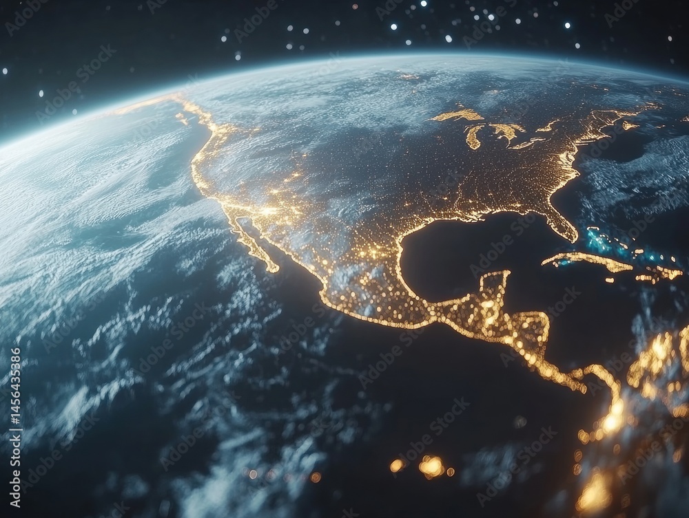 View from space of North America at night, with city and coastal lights glowing. The image highlights humanity’s presence and environmental impact on Earth.