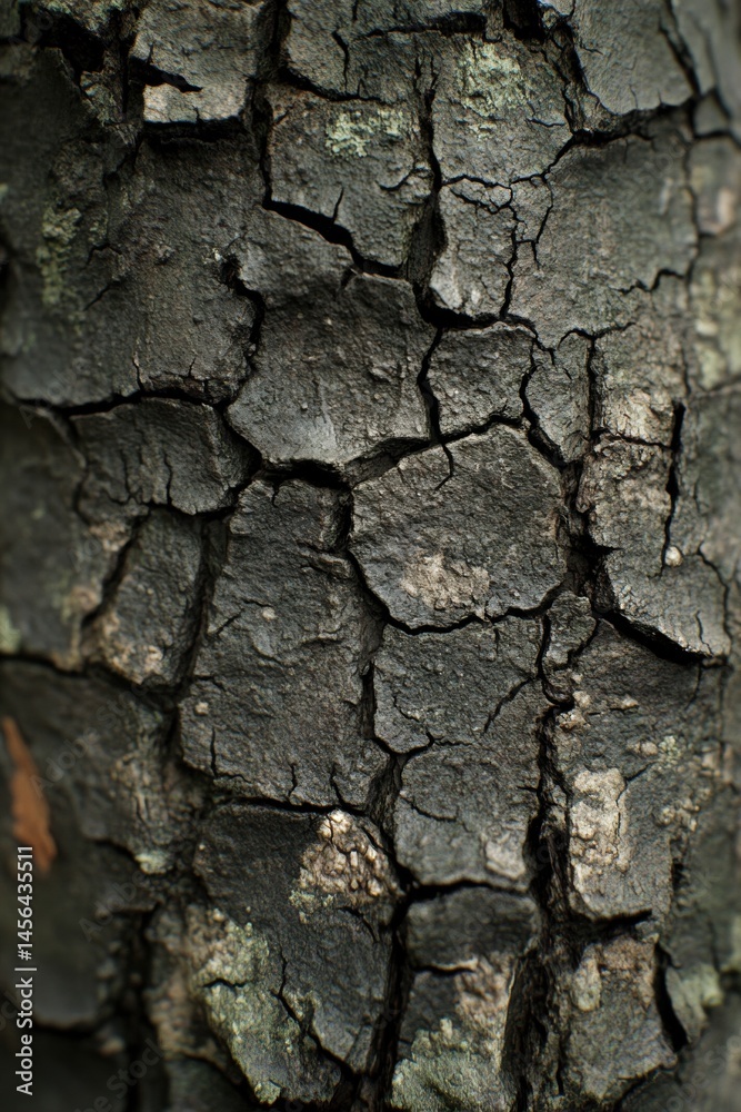 Close-up of the cracked and dry bark of a tree, emphasizing the rough texture of the surface as a symbol of drought and environmental degradation.