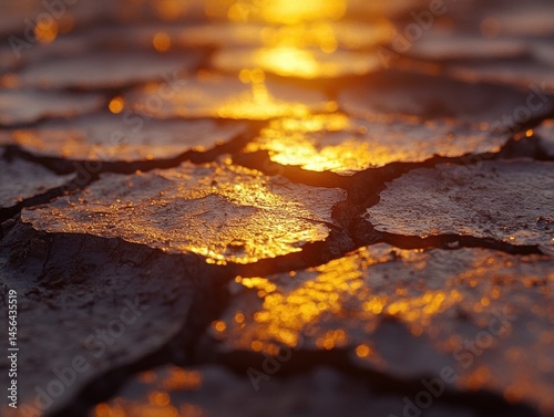 Obraz na płótnie Cracked earth in the foreground with golden sunset light reflecting on the surface. An artistic image symbolizing drought and natural beauty at once. w salonie