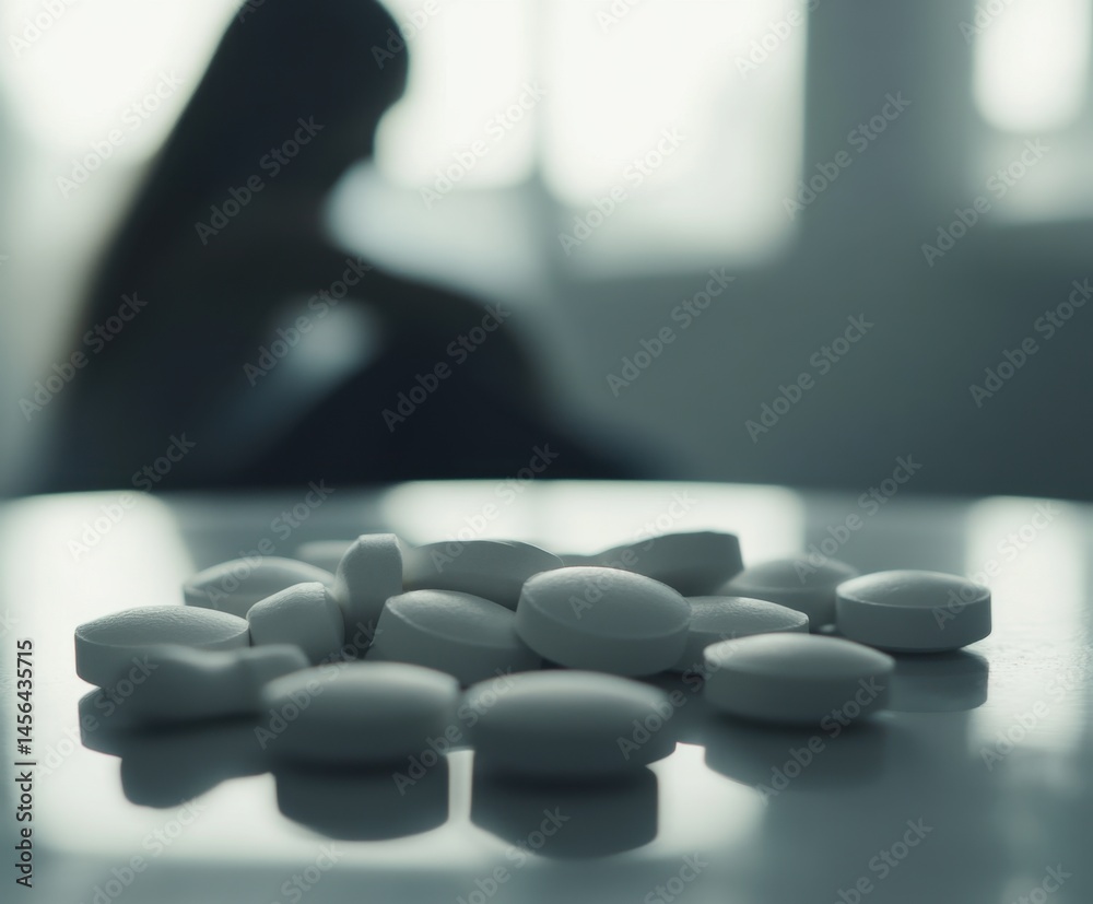 White pills lie on a glossy table surface as the blurred silhouette of a long-haired young woman sits in the background, head down in distress.