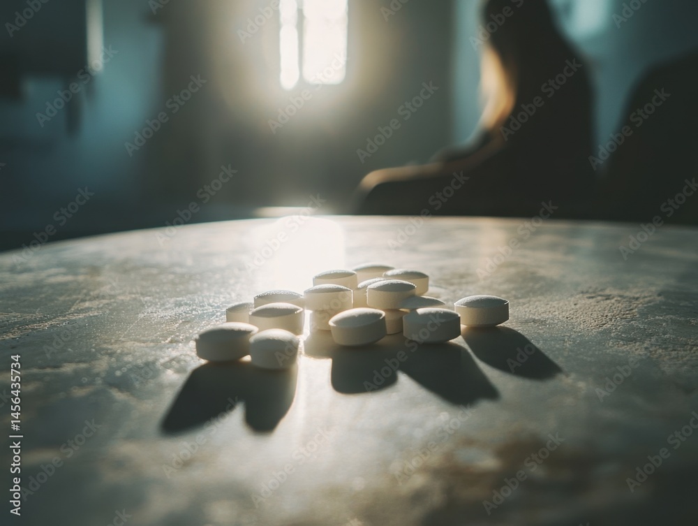 Sunlight filters through a window onto a table with white pills, while in the blurry background a woman sits with a distressed and thoughtful posture.