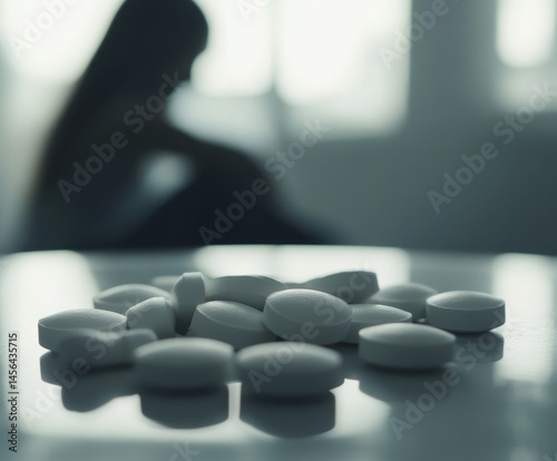 Obraz na płótnie White pills lie on a glossy table surface as the blurred silhouette of a long-haired young woman sits in the background, head down in distress. w salonie