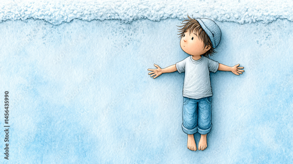 Fototapeta premium Lone child levitating gently inside gravity free environment, surrounded by soft clouds and serene blue sky, evokes sense of wonder and tranquility