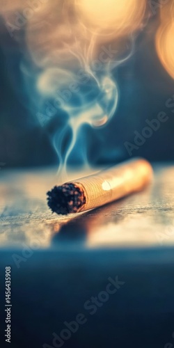 Obraz na płótnie Consumed cigarette resting on a surface with visible smoke and golden sunset light. A selective focus composition with warm and nostalgic aesthetics. w salonie