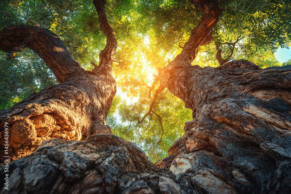 Fototapeta premium Olive Trees Basking in Sunlight From a Low Angle View in a Tranquil Grove