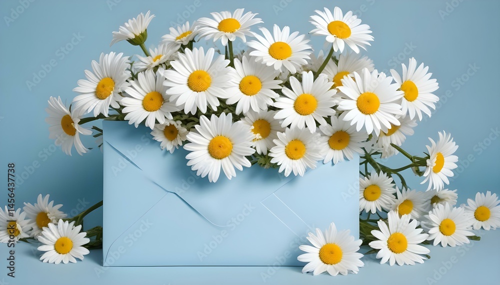 Obraz premium Daisies bursting from a blue envelope create a cheerful, springtime floral display.