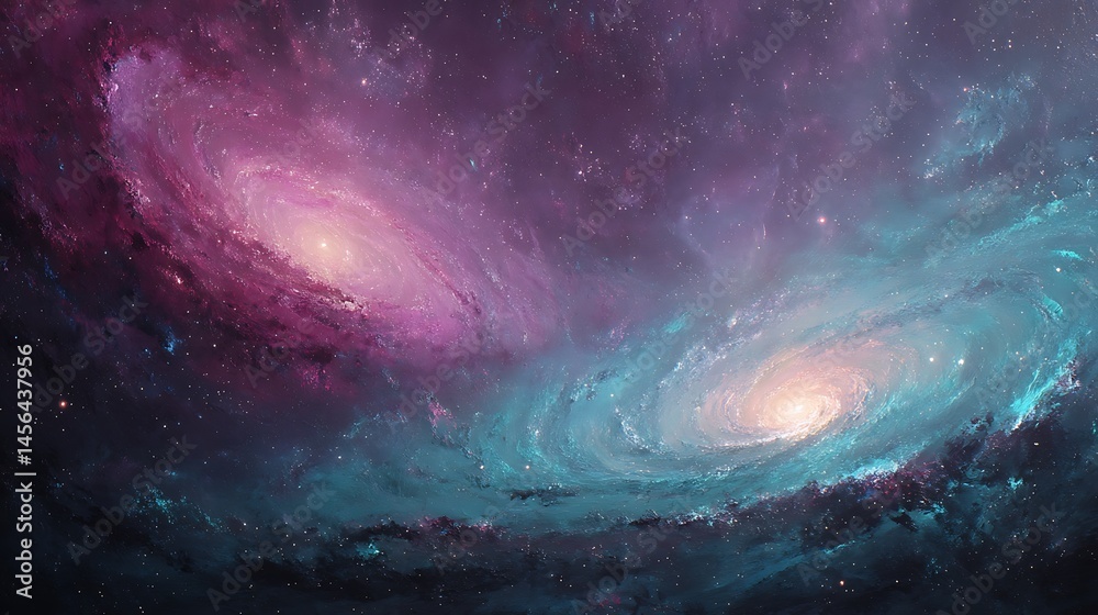 Fototapeta premium Radiant twin galaxies swirl in deep cosmic space