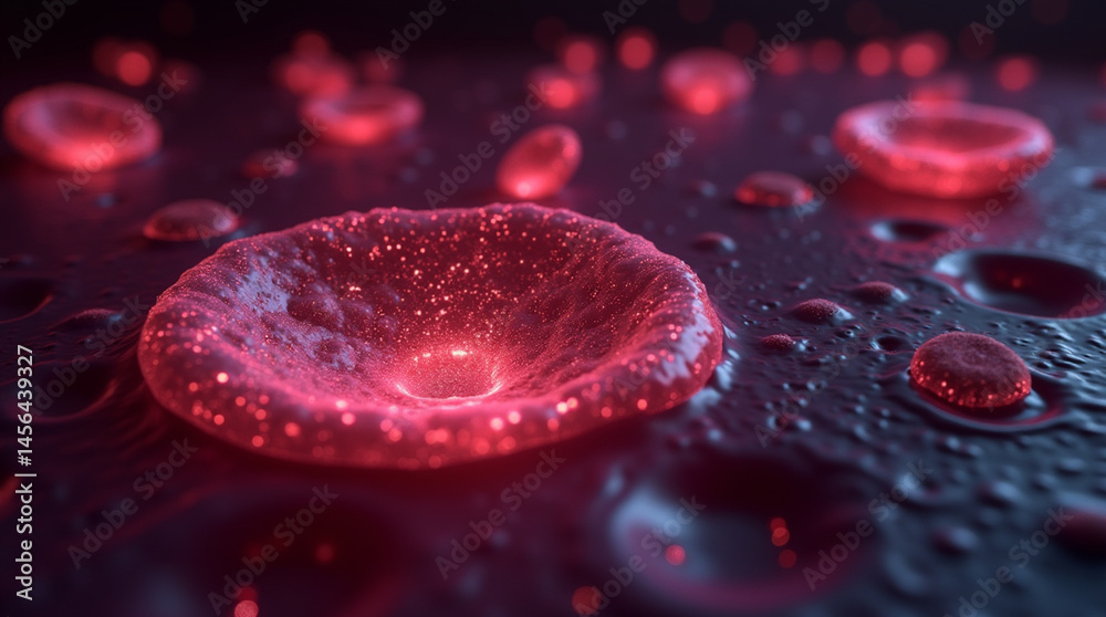 Fototapeta premium Microphotography close-up of blood platelet activation, clotting process visualized with glowing elements in a dark fluid background
